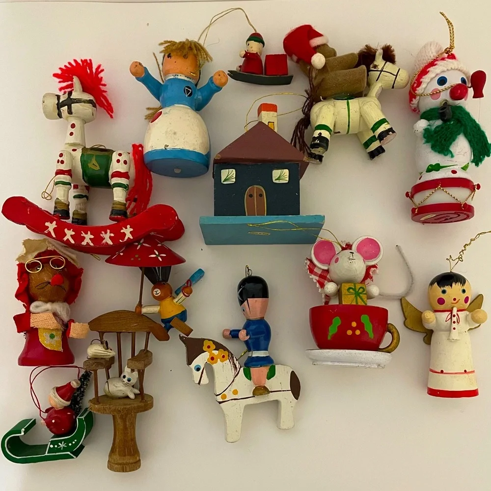 Vintage 1970s/1980s Wood Christmas Ornament Lot Kid Theme